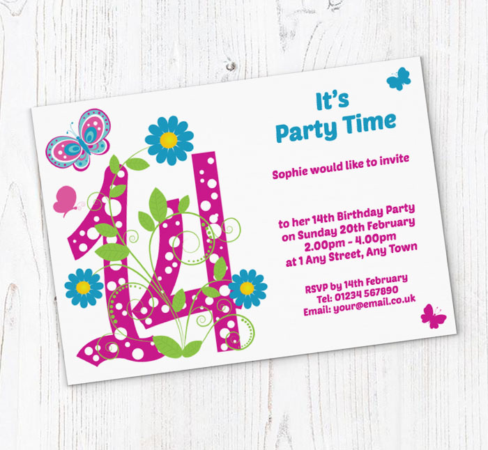 Butterfly 14th Birthday Party Invitations | Personalise Online Plus ...